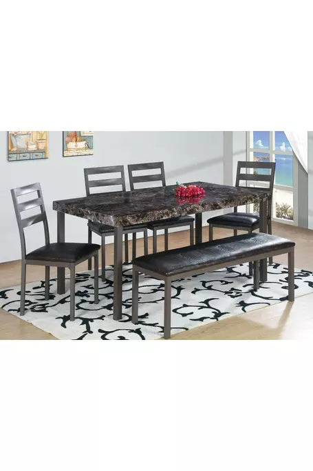 Marble Rectangular Dining Table w/ Bench Set 6 PCS