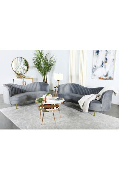 Sophia 2-piece Upholstered Living Room Set with Camel Back Grey and Gold